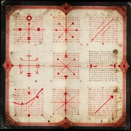 simple blueprint drawings of spells, red symbols, blueprint red ink, calotype, lost grimoire, found papers, black paper, symmetry, RED writing, decay, full page writings, ornate borders + concept art, intricate writing, artstation, junji ito