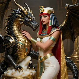red - haired final fantasy white marble egyptian nun caressing her spiky dragon, warframe armor, regal, attractive, ornate, sultry, sexy, beautiful, elize theron, pretty face, green eyes, scifi platform, 4 k, ultra realistic, epic lighting, illuminated, cinematic, black gold, art by alexandra petruk, voidstar