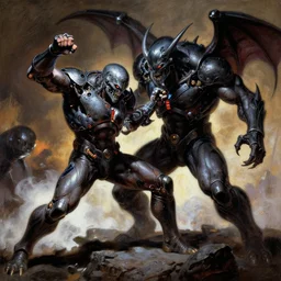 doomguy fighting a cyberdemon, painting by frank frazetta and simon bisley
