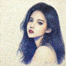 young attractive female, long dark hair, expressive pose, looking at the camera, blue ballpoint art