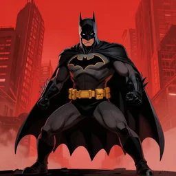 dc art, batman beyond in epic pose, red buildings in the background, art by ismail inceoglu