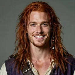 portrait of a young ruggedly handsome but joyful pirate, male, masculine, upper body, red crimson hair, long flowing hair, fantasy, soft grin, intricate, elegant, highly detailed, digital painting, artstation, concept art, matte, sharp focus, illustration, art by artgerm and greg rutkowski and alphonse mucha