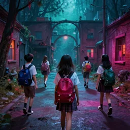 everyone going back to school in a nightmare hell scape. vivid contrasting colors.