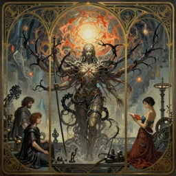 A hyper-detailed surrealistic art nouveau digital painting of Immanentize the Eschaton. Apocalypse. Singularity. Cyberpunk. By and Frank Morrison and Michael Hutter and Alena Aenami and Audrey Kawasaki.