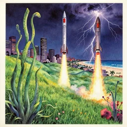 low angle, 1 9 7 6 magazine cut out collage, surrealist lights, psychedelic water colors, grassy hills background, city with a beach, night with thunder and lightning, aquatic plants 🪴, space rocket 🚀 take off