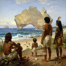 a highly detailed painting of discovering australia, native australians watch along the coast by thomas cole