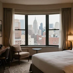 a photo of a cozy upscale hotel room with windows overlooking new york city