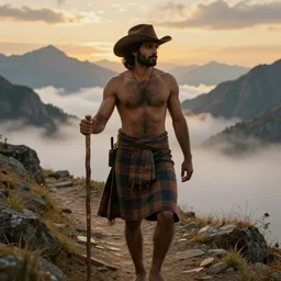 a dramatic epic beautiful ethereal painting of a shirtless rugged desi man on a mountain path | he has a hairy chest and is wearing a plaid kilt and cowboy hat, and holding a walking stick | background is mountain peaks and clouds | dramatic lighting, golden hour, homoerotic, realistic, art nouveau | by mark maggiori | trending on artstation