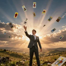 accountant in suit casting spells with tarot cards, throwing cards in the air, tarot cards, tarot, landscape, cinematic view, epic sky, detailed, concept art, low angle, high detail, warm lighting, volumetric, godrays, vivid, beautiful, trending on artstation, jordan grimmer, huge scene, greg rutkowski