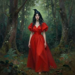 raven woman with red dress on the forest, surreal, fantasy, painting