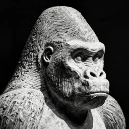 gorilla head beautiful stone statue hard edges hard light stylistic black and white photo