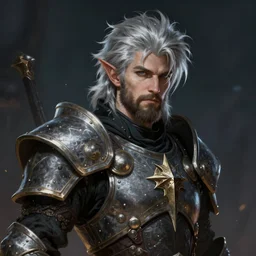an epic fantastic realism comic book style portrait painting of an aasimar paladin, male, shaggy silver hair, short brown beard, d & d concept art, unreal 5, daz, petrol aesthetic, octane render, cosplay, rpg portrait, dynamic lighting