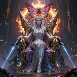 amazing eldritch princess, sitting on intricate throne, high tech, cyberpunk, dystopian, shark laser force, butterfly squid, burning halo, intricate artwork by Anna Dittmann, very coherent symmetrical artwork, cinematic, hyper realism, high detail, octane render, unreal engine, 8k, Vibrant colors, Smooth gradients, High contrast, depth of field,