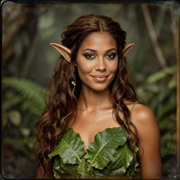 daguerreotype of beautiful elf, jungle princess, dress made of leaves, detailed face, tanned skin, wild brunette hair, smirk, wilderness, steampunk, dnd, smooth, sharp focus, extremely detailed, by rebecca guay, rossdraws, wlop, colorful