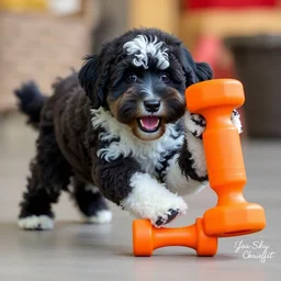 sheepadoodle pulling on orange toy