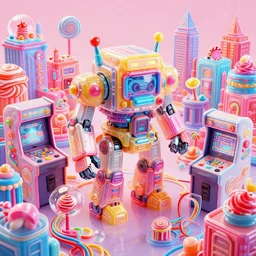 crowded city made of arcade machines and buildings made of candy, cute elaborate epic robot, candy colors, pinball machine parts, symmetrical, bubbles everywhere, video game consoles, colored wires, translucent, clear parts, detailed by pokedstudio