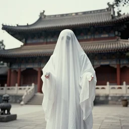 ghost in a temple, old grainy picture, photorealistic, hd