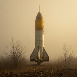 abandoned rocket ship, distant knotted branches, misty foggy golden, extremely detailed