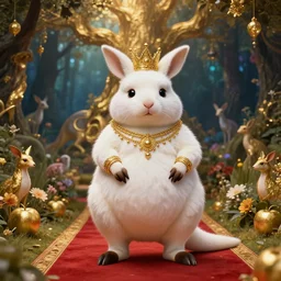 kangaroo deity, fat figure, cute, elegant, furry, white, gold, warm, wearing a crown, bracelets and necklaces, red carpet, figure, realistic, hair detailing, background is heavenly, wonderland at night, the light in the deep forest full of mythical creatures of the picture, according to european art, golden sacred tree, golden apple, flower garden, hyper realistic render. den noise