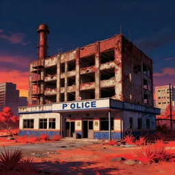a beautiful photorealistic illustration of industrial architecture city abandoned police station unfinished building architecture urbex building by john constable, studio ghibli nightvision thermal imaging sunset thermal vision dramatic lighting at night infrared vice city san andreas desert, archdaily, wallpaper, highly detailed, trending on artstation.