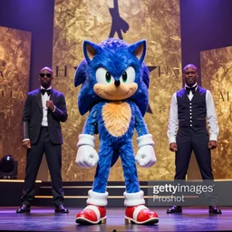 sonic the hedgehog stars in hamilton, getty images proshot, hamilton an american musical starring sonic the hedgehog, stage lighting, broadway, wearing a 1 7 0 0 s suit, sonic the hedgehog starring alongside leslie odom jr and christopher jackson