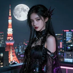 portrait futuristic wickedness cyberpunk young female necromancer, in futuristic moonlight light source tokyo rooftop cyberpunk night, ssci-fi, fantasy, intricate, very very beautiful, elegant, neon light, highly detailed, digital painting, artstation, concept art, soft light, hdri, smooth, sharp focus, illustration, art by tian zi and craig mullins and WLOP and alphonse mucha