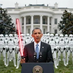 Obama infront of an leading Army of Stormtrooper attacking the White house, Obama has a red lightsaber in his right hand, high field of view, focus is on Obama and the Stormtrooper behind him, 40nm lens, shallow depth of field, split lighting, 4k,
