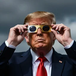 donald trump lifting up sunglasses to stare directly at an eclipse, by jon mcnaughton