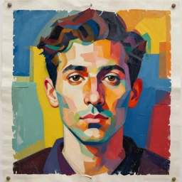 a portrait a very ordinary person, by Mimmo Rotella, ripped, torn poster, abstract, vivid colors, flat bold color, facing front, oil painting, anatomically correct, beautiful perfect face, sharp focus, Highly Detailed, Cinematic Lighting