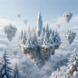 beautiful illustration of advanced civilization composed of floating snowy forests
