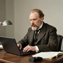 Lenin using laptop sitting at his desk