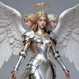 a beautiful angel with 3 heads wearing a silver armor with golden ornaments and diamonds jewelry, wings by alex gray and android jones, karol bak, ayami kojima, amano, concept art, character design, fantasy, 3 d, 8 k resolution