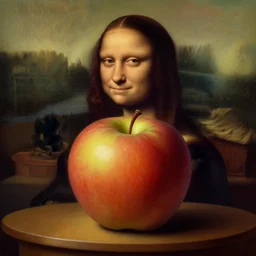 portrait of an apple sitting upon a table with heightened detail, poised, intense emotion, detailed facial expression, detailed surroundings, intricate, elegant, highly detailed, centered, digital painting, artstation, concept art, smooth, sharp focus, illustration, by ( leonardo da vinci ), wlop