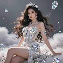 a beautiful female goddess of diamonds character, character is in all its glory, character is in her natural relaxed pose, rim lights, particles and dust in the air, fancy clouds, highly detailed professional photo, dynamic lights, particles are flying, depth of field, trending on artstation, illustration, hyper realistic, vray caustics, super detailed, colorful accents, cinematic shot