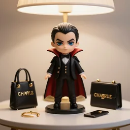 adorable vampire themed high end fashion doll and accessories, on a table under a lamp light shining down over it like a spot light, god rays, dust particles, photorealistic, aesthetic shot, worms eye view, macro camera lens, high definition, thematic, cinematic, lens flare