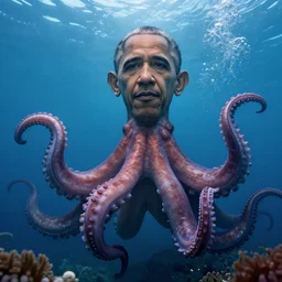 giant Obama deep underwater with tentacles