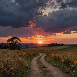 painting by sargent and rhads and leyendecker and greg hildebrandt epic evening sky at sunset, low thunder clouds foothpath at indian summer