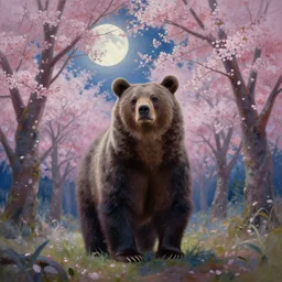 a beautiful painting of a bear in a cherry blossom forest, volumetric lighting, moonlit by greg rutkowski and kalin popov, trending on artstation, masterpiece,
