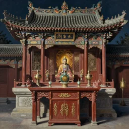chinese altar, extreme fine detail background, night, highly detailed, high quality, digital painting, hyperrealistic, by nicola samori, kim keever, gustave dore and marc simonetti