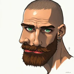 beautiful anime of bold head with very short beard and green eyes, no hairs, by sherree valentine daines, peter mohrbacher, alice neel, donato giancola, mike winkelmann, laurie greasley. trending on artstation, 8 k, masterpiece, graffiti, fine detail, full of color, intricate detail, golden ratio illustration, face detail