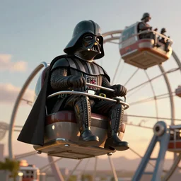 a closeup shot of darth vader riding in a ferris wheel at golden hour, digital art, trending on artstation and unreal engine