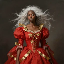 a brown skinned queen with light white hair and a red dress, windy, golden ribbons, stars, stoic, modern maximalist fashion dress, hyperdetailed, dramatic, painted by jean honore fragonard and greg rutkowski