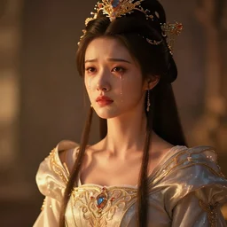 portarit of princess crying, tears down face, intricate silk clothing, fantasy, headpiece, digital illustration, hyperealisism, octane renderer, artstation trending, warm cinematic lighting, reflections, particles, style of tom bagshaw, wlop, artgerm, yasar vurdem