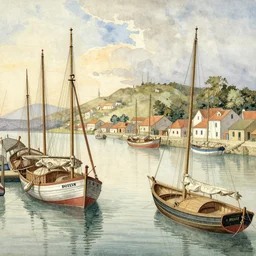 watercolor landscape of boats in harbor by albrecht durer, masterpiece