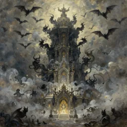 colossal tower of mystery and magik ,illustration, chaotic, energetic, phobos,mist, devilish, flock of bats on background, disintegration,volumetric lighting, soft lighting, soft details, painting oil on canvas by craig mullins and jihun lee octane render, HDR, trending on artstation, 4k, 8k, HD