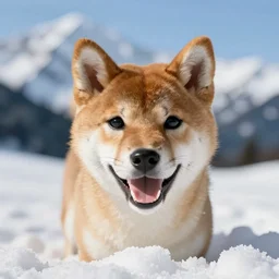 award winning wildlife photography, Happy young shiba inu hybrid cat on a snowy mountain, close up of face, zoom in on face, surrounded by snow, wildlife photography by Paul Nicklen, national geographic, perfect lighting