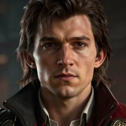close up shot of tom holland in assassins creed, fine detailed face, long hair, stunning 3 d render inspired art by greg rutkowski and xiang duan and thomas eakes, realistic, highly detailed attributes and atmosphere, dim volumetric cinematic lighting, 8 k octane detailed render, post - processing, masterpiece,