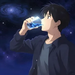 A man drinking a cup of cosmic energy bright light by Masafumi Harada, 4k, digital art, surreal, anime style, space dandy style, highly detailed, godsend, artstation, digital painting, concept art, smooth, sharp focus, illustration