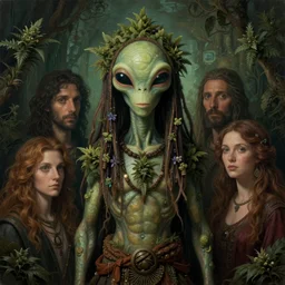 a symmetrical matte portrait of hippy weed alien. joyful bearing. cinematic atmospheric lighting, painted, intricate, ultra - portrait of the innermost soul by dave dorman hieronymus bosch, cyril rolando, esher and natalie shau, whimsical, profound, impossible. trending on devaintart. dark, brooding,
