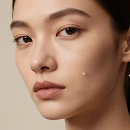 close up of face of female fashion model, baroque style, beige colors, official jil sander editorial, highly detailed